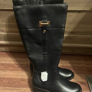 Black Knee-High Boots with Gold Buckle